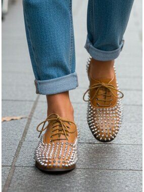 Studded Tan Faux Leather Oxford Shoes With Silver Spikes Lace-Up Design Statemen